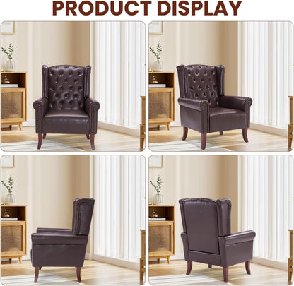 Modern Accent Chair Set of 2, Mid-Century Faux Leather Armchair Upholstered Club Sofa Chair with Wooden Legs, High Back Living Room Chair for Bedroom, Office, Lounge (Caramel)