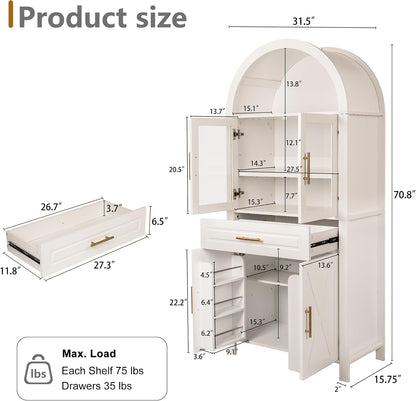 71" Tall Arched Kitchen Pantry Cabinet with Glass Door,Farmhouse Modern Wood Arched Cabinetsw/Adjustable Shelves & Drawer, Accent Cabinet with Barn Door for Kitchen, Living & Dining Room, Bathroom