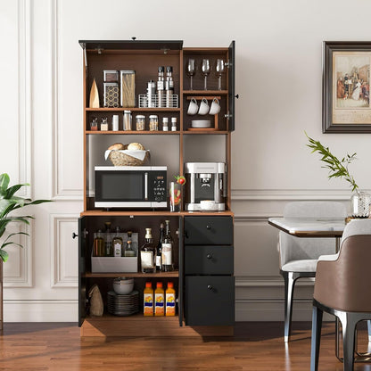 Nightcore Kitchen Pantry Storage Cabinet, 71" Freestanding Pantry with 3 Deep Drawers, Adjustable Shelves, Kitchen Hutch with Microwave Countertop for Dining Room, Living Room (Walnut & Black)