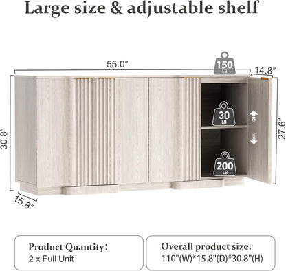 Brafab Buffet Cabinet, 110" Modern Farmhouse Accent Sideboard Cabinet with 8 Doors, Wood Fluted Credenza for Living Room and Kitchen, White