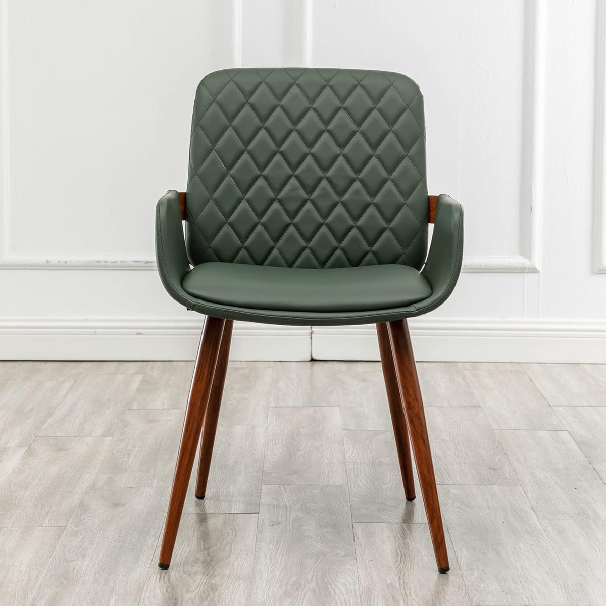 LUNLING Mid Century Modern Faux Leather Dining Chairs Set of 2, Green, Upholstered Seat, Metal Legs, Adjustable Foot for Kitchen Dining Room Desk Chairs