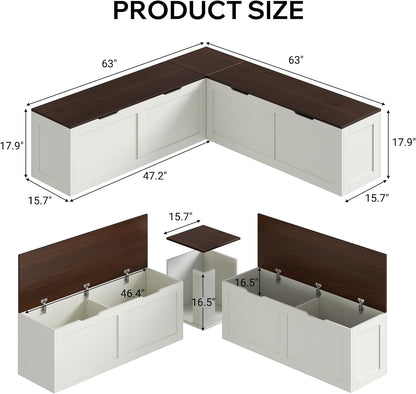 L Shaped Bench with Storage, 63" Breakfast Nook Benches, Kitchen Corner Dining Bench Seating for Entryway Dining Room, Kitchen, Walnut and White