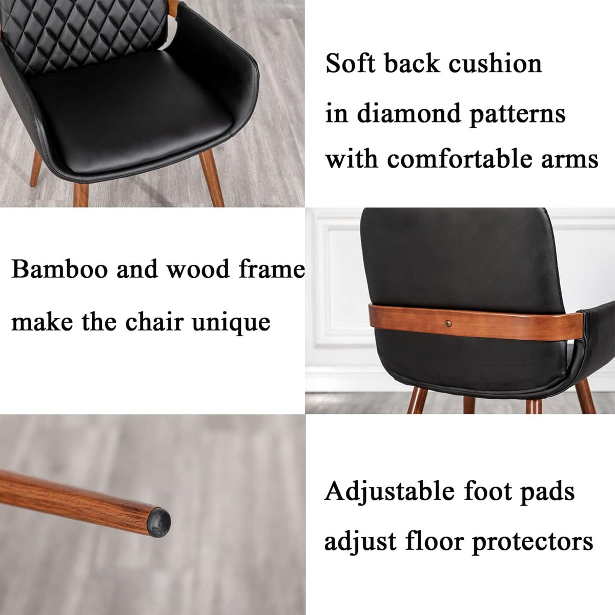 LUNLING Mid Century Modern Faux Leather Dining Chairs Set of 2, Black, Upholstered Seat, Metal Legs, Adjustable Foot for Kitchen Dining Room Desk Chairs