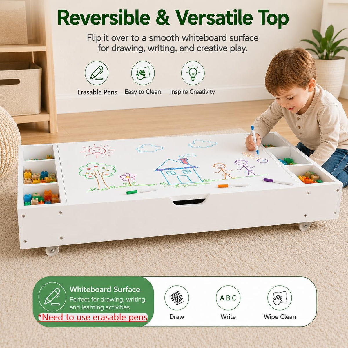 Kids Activity Table, 3-in-1 Block Table with Whiteboard and Storage | 3-in-1 Block, Whiteboard And Road Map Table With 11 Storage Dividers, Removable Wheels And 5.7-Inch Low Profile
