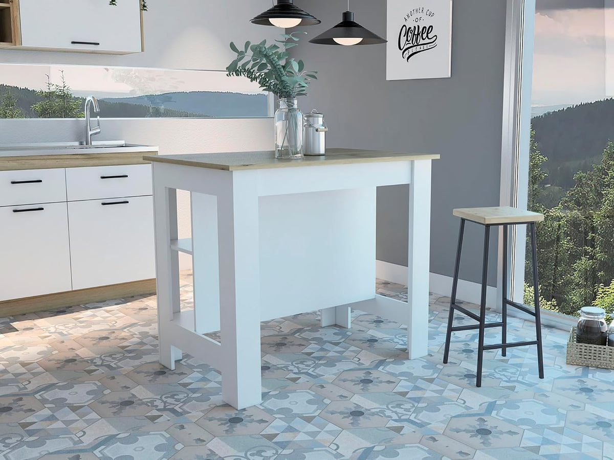Kitchen Island with Three Shelves and Four Legs - Light Oak/White | Three-tiered design with light oak and white finish
