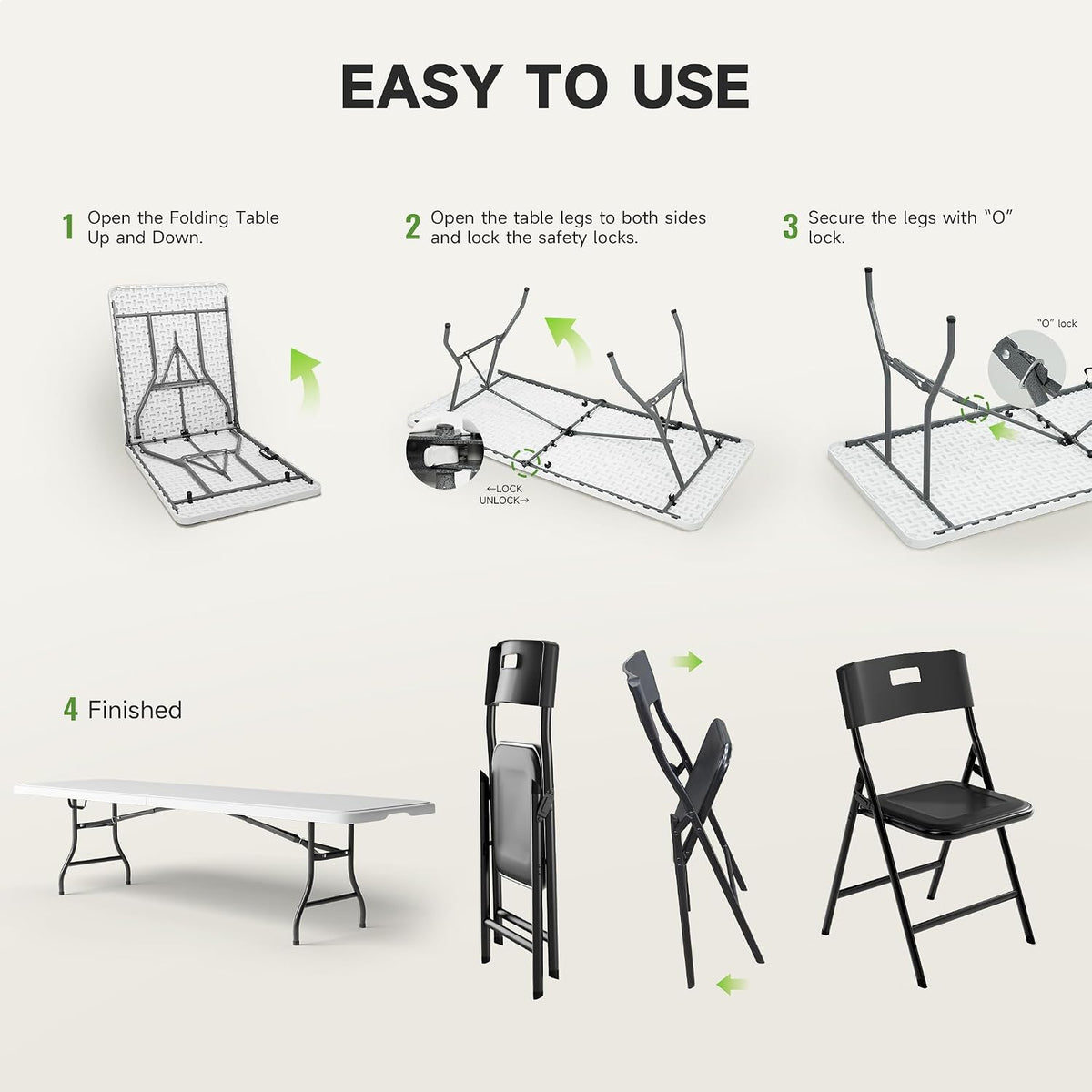 8FT Folding Table Set with 10 Chairs – Heavy-Duty 660 lb Table & 330 lb Chairs, Portable Folding Furniture Bundle for Camping, Parties, Indoor & Outdoor Use