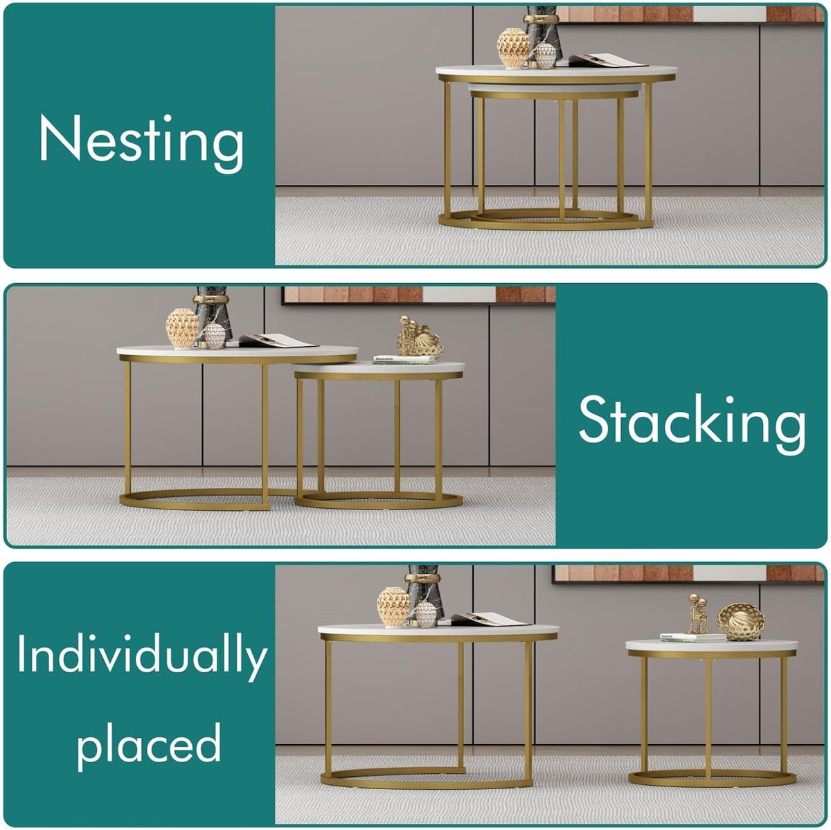 Nesting Coffee Table Set of 2, Round Tables with Marble Pattern MDF Top | Space-saving nested design, 120 LBS load capacity, luxury marble-look finish, gold metallic base, quick 10-min assembly