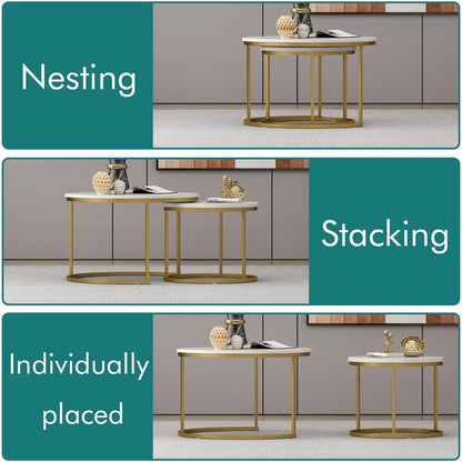 Nesting Coffee Table Set of 2, Round Tables with Marble Pattern MDF Top | Space-saving nested design, 120 LBS load capacity, luxury marble-look finish, gold metallic base, quick 10-min assembly
