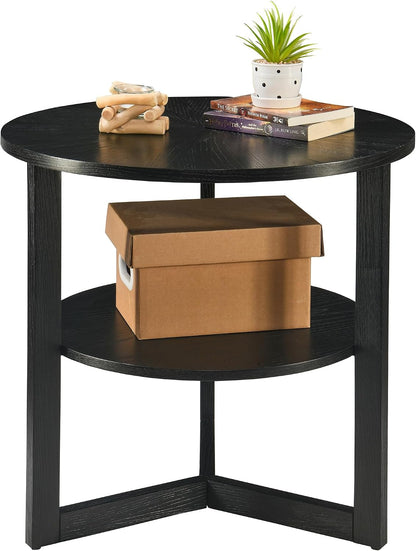Round End Table, Farmhouse Side Table with Solid Wood Criss-Cross Legs for Small Space, Circle Beside Table with 2 Storage Shelves , SofaTable for Living Room, Bedroom, Nightstand, Black CJZ