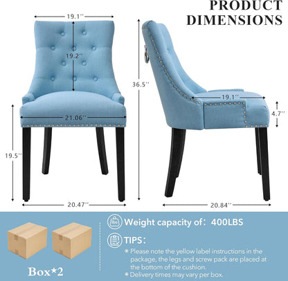 adochr Dining Chairs Set of 4, Upholstered Fabric Dining Room Chairs with Nailhead High Back & Ring Pull & Wooden Legs, Mid-Century Modern Kitchen Chairs for Restaurant, Living Room, Light Blue