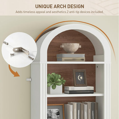 RALGEND Arched Bookshelf, 75.8" Tall Narrow Bookshelf, Arch Bookcase with Storage, 6-Tier Farmhouse Book Shelf, Wooden Arched Cabinet with Open Display Shelves, Adjustable Shelf, Walnut and White