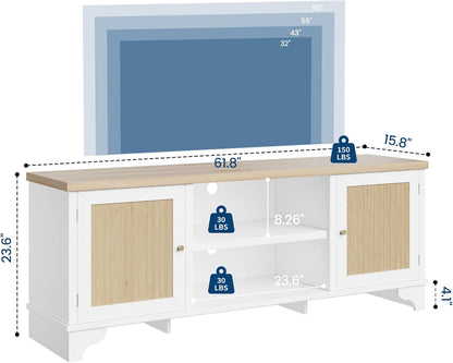 IDEALHOUSE Living Room Table Sets of 2, Includes 62" Rattan TV Stand Storage Cabinet for 65" TV, Farmhouse Coffee Table with Storage Shelf for Bedroom