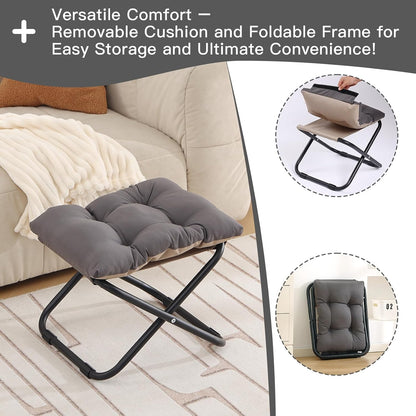 LITA Folding Upholstered Footrest with Straight & Square Shape,Small Ottoman， Dark Grey