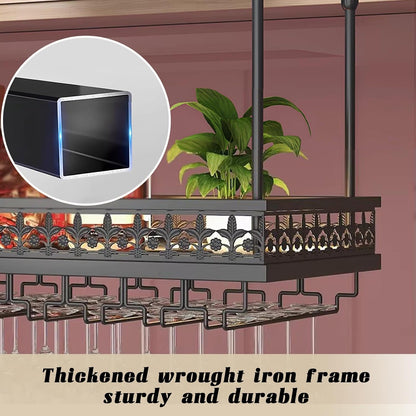 Ceiling Wine Rack-Hanging Stemware Holderfor Bar,23.6"x11.8"-Black | Adjustable Height 12"-24”,Industrial Iron Hanging Kitchen Wine Bottle Organizer Shelf,Space-Saving