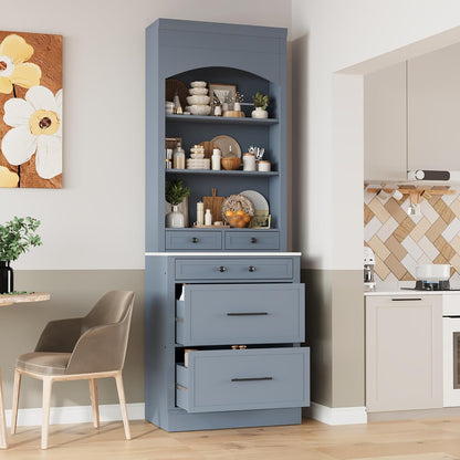 TOPMAX Modern 83.7inch High Kitchen Pantry, Freestanding Tall Kitchen Hutch with Faux Marble Top, Display Cupboard Cabinet with 5 Storage Drawers and Adjustable Shelf (Gray, 1 PCS)