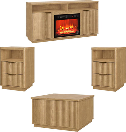 4-Piece Fluted Living Room Set Includes 31.5" Fluted Lift Top Coffee Table,59" Fluted Fireplace TV Stand for TVs Up to 70 inches and 2 Fluted Nightstands with Drawers,Natural Oak
