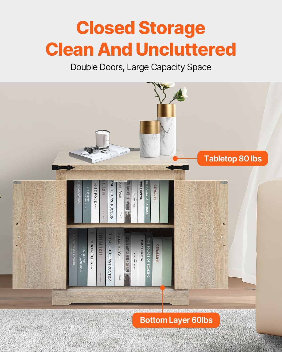 VEVOR Farmhouse End Table, Rectangle PE Rattan Woven Wood Coffee Table, 24-Inch Modern Boho Style Storage Coffee Table with Retro Metal Hinges, for Living Room, Bedroom & Small Spaces
