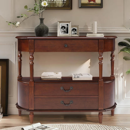 LKTART 43" Half Moon Console Table, Solid Wood Retro Curved Console Table Entryway Table Sofa Table with Solid Pine Roman Legs 3 Drawers 1 Open Shelf for Living Room,Foyer,Hallway(Cherry)