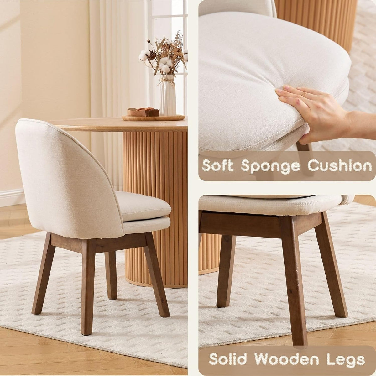 ROCITY Swivel Dining Chairs Set of 4, Beige Linen Kitchen Chairs with Solid Wood Legs, Mid Century Modern Upholstered Dining Room Chair Armless Accent Chair for Kitchen/Restaurant