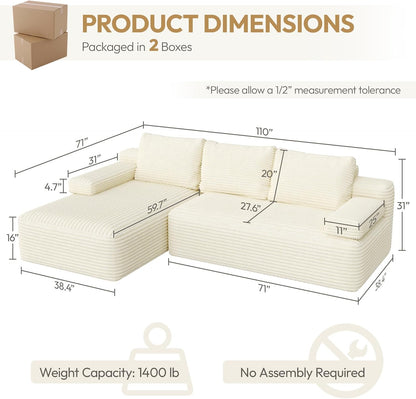 Yaheetech 110" Sectional Sofa Couch with Chaise, Beige | Sectional Sofa Cloud Couch Corduroy Modular L-Shape Couch No Assembly Sofa with Detachable Pillow for Living Room Guest Room