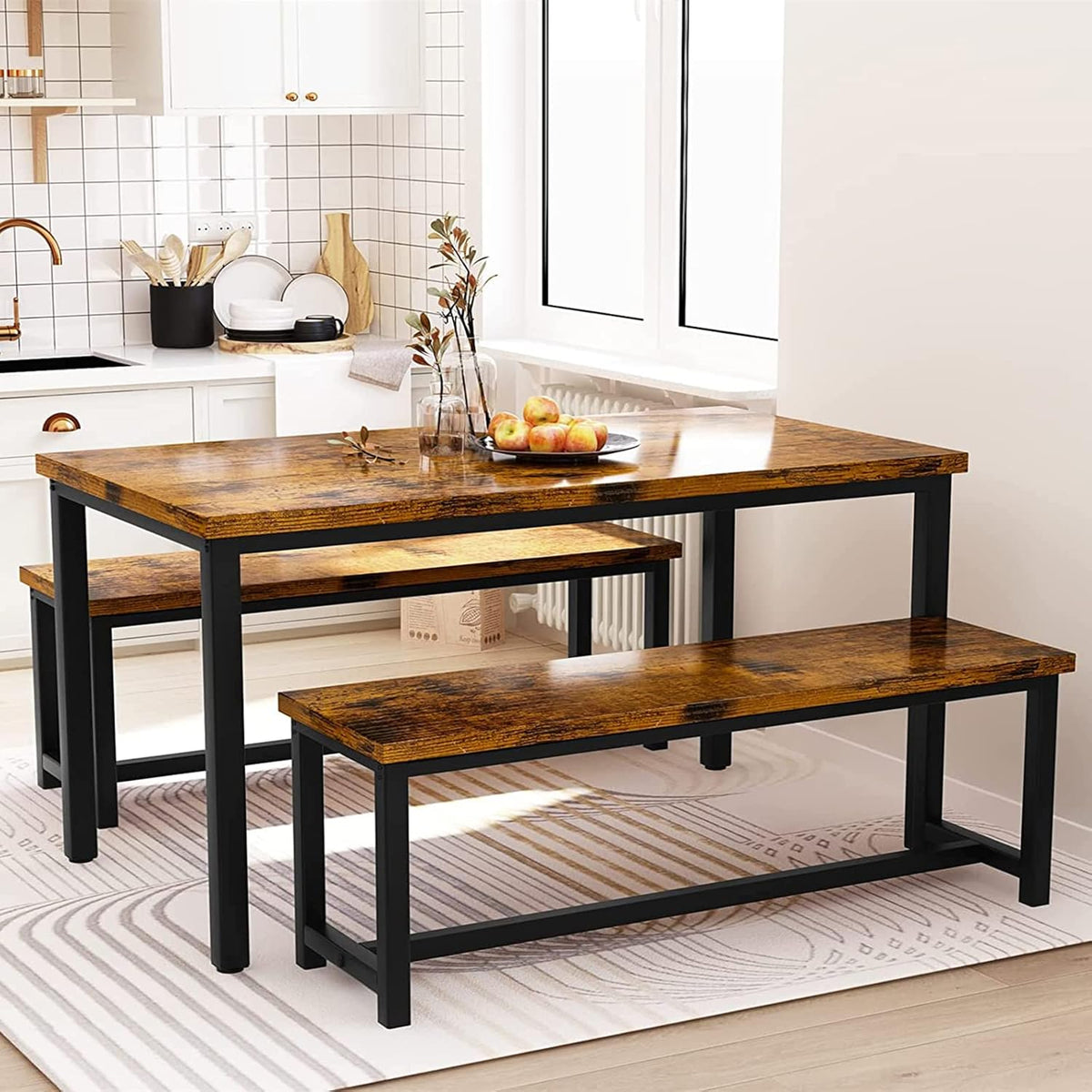 Dining Room Table Set with 2 Benches, Farmhouse Dining Table Set for 4-6, Wood Breakfast Table Set Dinner Table Set Kitchen Table and Chairs for Breakfast Nook Small Spaces, Brown