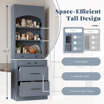 83.7Inch Tall Kitchen Pantry Cabinet, Freestanding Kitchen Pantry with Faux Marble Top, Corner Cabinet with 5 Storage Drawers and Adjustable Shelf, Gray