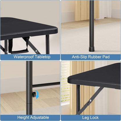 VECELO Folding Table 4 Foot with Mesh Bag, Indoor Outdoor Heavy-Duty Portable w/Handle,Fold-in-Half for Picnic, Party, Camping, Matte Black