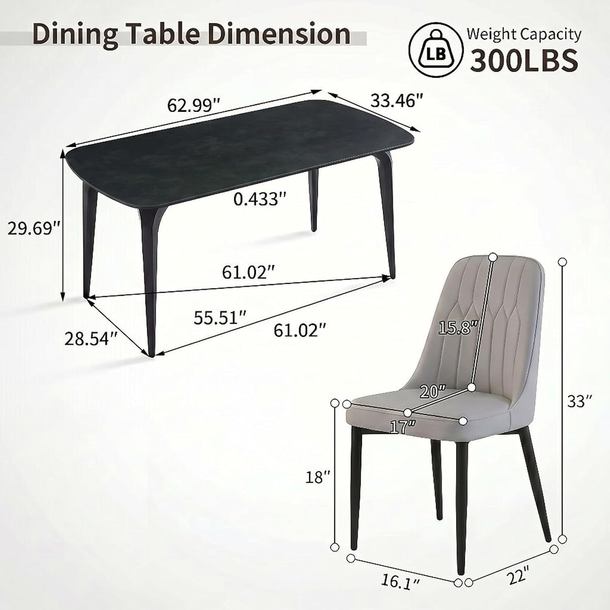 Modern Dining Table Set for 4, 63 inch Sintered Stone Kitchen Table and Chairs,Rectangular Dining Table Set of 4 with PU Leather Chair, 5 Piece Dining Room Table Set for Kitchen, Office, Apartment