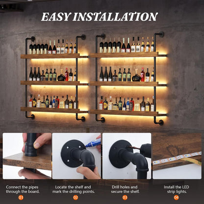 Large Wine Rack Wall Mounted with LED Light, Solid Wood Bar Shelves Wall Mounted, 3-Tiers Liquor Bottles Floating Shelves Display Storage Organizer for Home Bar, Dining Room (47.2 inch)