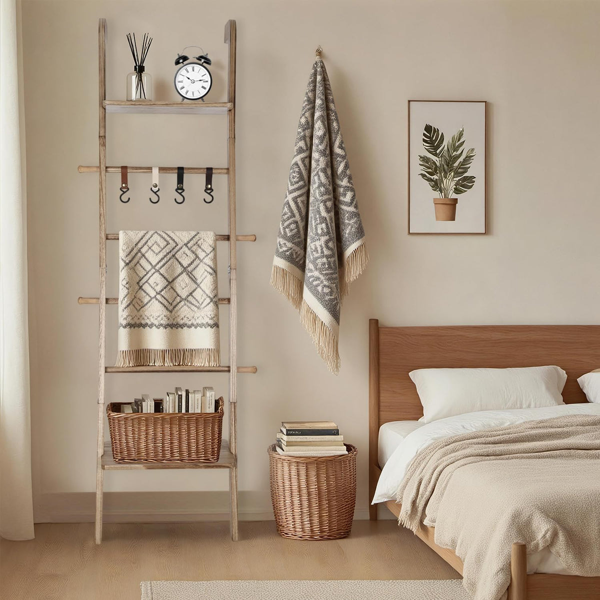 Wooden Ladder with Shelf for Room Decor, 6-Tier Decor Ladder with Non-Slip Mat & Hooks, Farmhouse Style Leaning Wall Display Holder