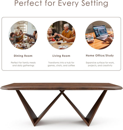 Furniture of America Nazaen III 82.5" Mid-Century Modern Solid Wood Live Edge Dining Table with Steel Support, Walnut Finish, Seats 4–6