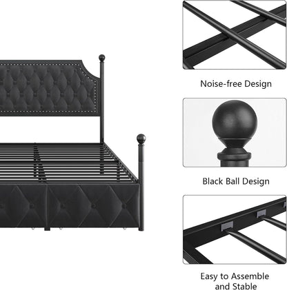 Keyluv King Upholstered Canopy Bed Frame with 3 Storage Drawers & Button Tufted Headboard, Metal Platform Bed with 4 Removable Posts, Two-Purpose Velvet Bed, Dark Grey/Curtain Not Included