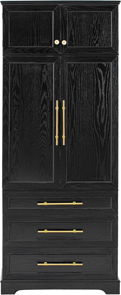 78.2" Tall Farmhouse Kitchen Pantry Cabinet with 8 Door Shelves, Storage Cupboard with 3 Adjustable Shelves, 3 Large Drawers,for Dining & Bathroom (Ash Black-J)