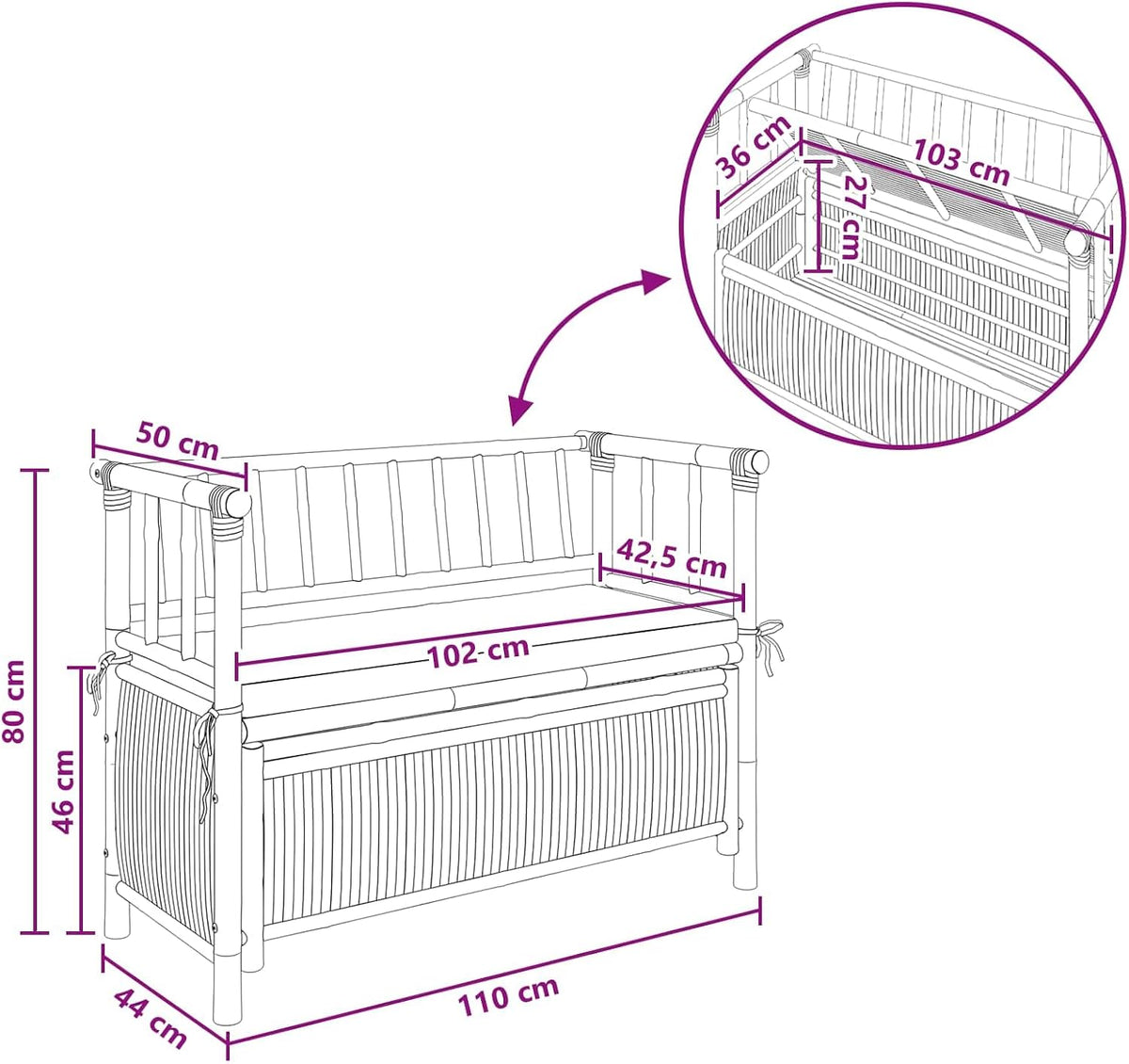 Bamboo Garden Storage Bench 110 x 47 x 80 cm, Outdoor Storage Bench with Hidden Compartment, Post Leg Design for Patio, Natural Finish