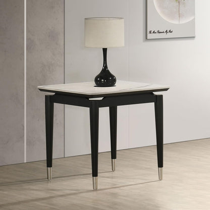 Furniture of America Miranda Modern Solid Wood 23.6-inch Square End Table with Sintered Stone Top, Silver-Capped Arrow Legs for Living Room, Black and White