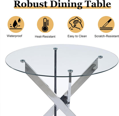 36" Glass Dining Table for 2-4, Round Kitchen Table with Tempered Glass Tabletop and Silver Stainless Steel Legs for Dining Room, Apartment, Small Space