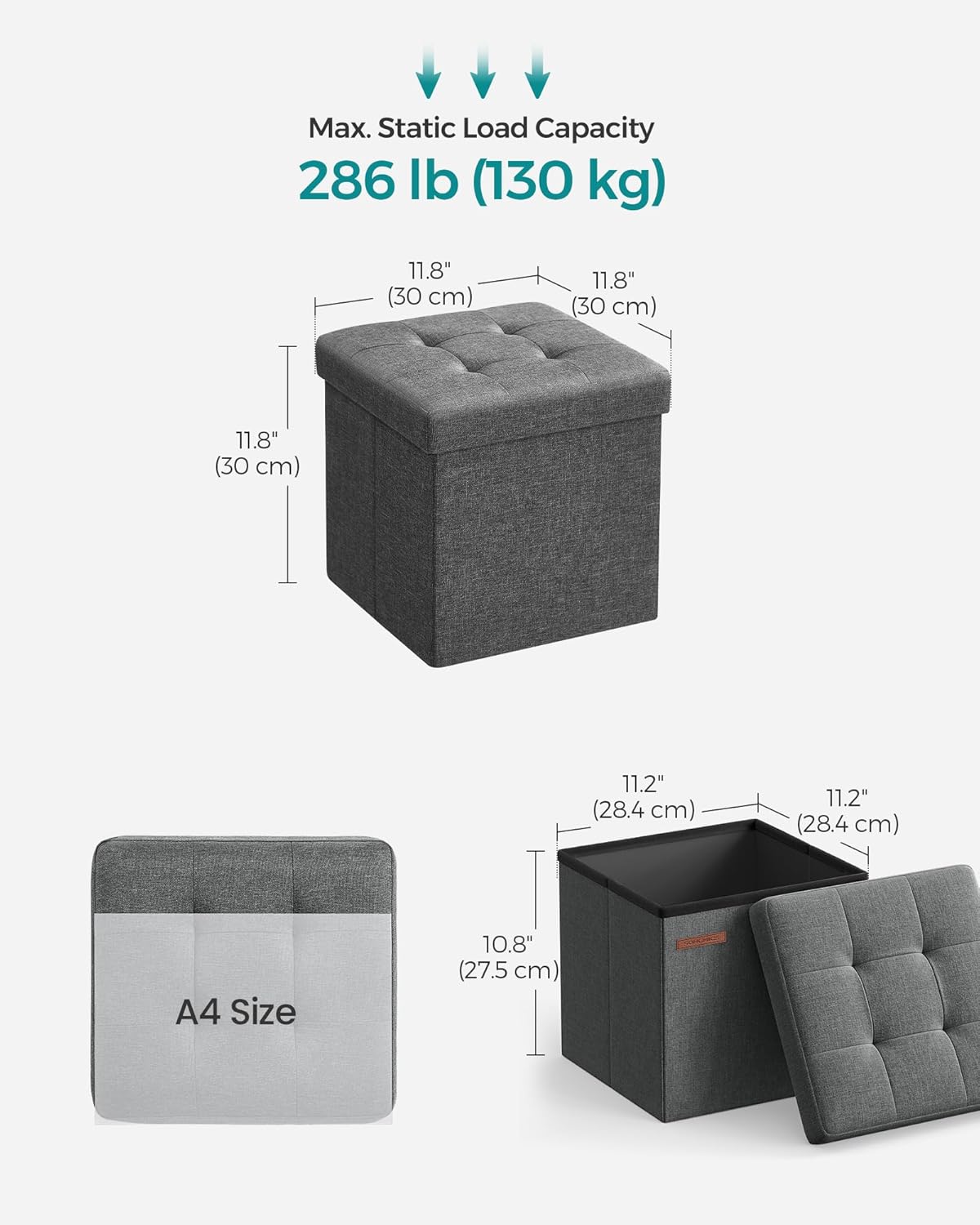 SONGMICS 11.8 Inches Small Folding Storage Ottoman Cube, Storage Footrest, Foot Rest Stool, for Living Room, Bedroom, Dorm, Dark Gray ULSF028G01