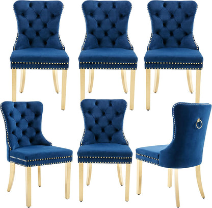 civama Dining Room Chairs Set of 6, Velvet Nikki Collection Dining Chair Upholstered Modern Tufted Kitchen Chair with Nailhead Back Pull Ring Golden Steel Legs, Blue