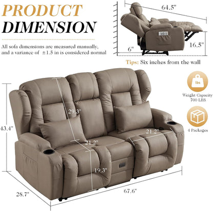 Loveseat Recliner Sofa,RV Wall Hugger Recliners for Small Spaces,Reclining Loveseat Sofa Recliner with Cup Holders/Lumbar Pillows,RV Furniture (Khaki, Loveseat with Flip-up Console)