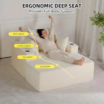 54"W Oversized Chaise Lounge Chair Indoor, Chaise Lounge Couch, Convertible Comfy Reading Chairs, Corduroy Sleeper Chair Couches for Living Room, Compression Sofa with Ottoman, Beige