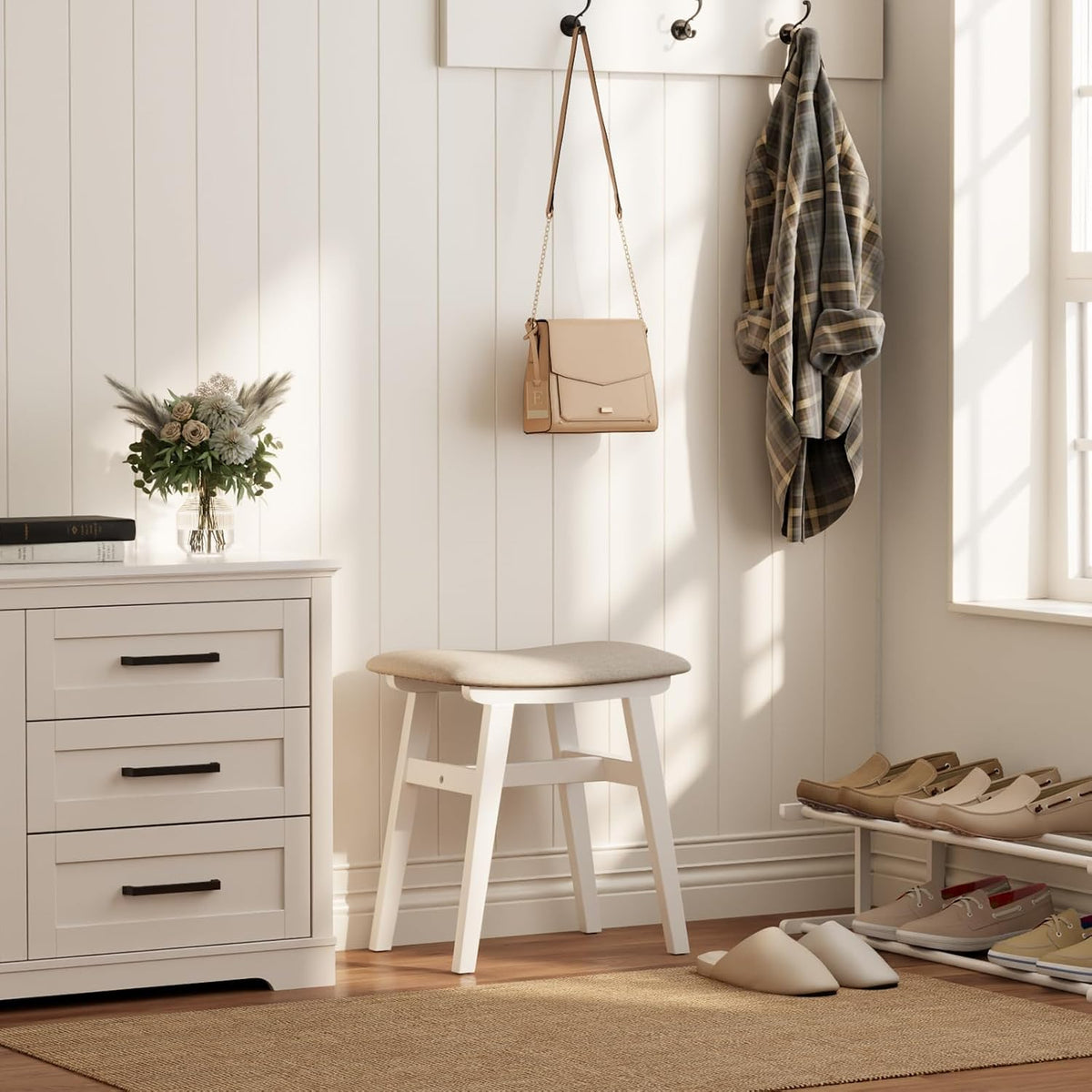 Solid Wood Small Vanity Stool Chair, Makeup Stools for Vanity Desk, Bathroom Vanity Chair, Padded Foot Stool for Living Room, Ottoman Foot Rest for Couch, Small Bench for Entryway, White