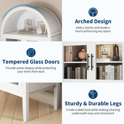 70 in Tall Arched Kitchen Pantry Cabinet with LED Lights, Modern Wood Arched Bookshelf with Glass Doors & Adjustable Shelves, Elegant Display Cabinet for Kitchen, Dining Room, Living Room
