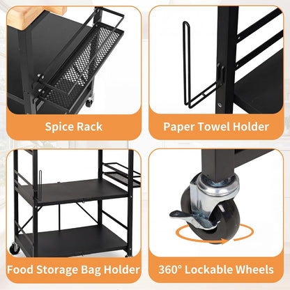 PLKOW Foldable Kitchen Cart with Solild Oak Wood Top, Rolling Kitchen Island on Wheels, 3-Tier Storage Utility Cart for Microwave, Toaster Oven, Small Spaces