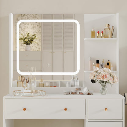 HaHarmoHaby Vanity Desk with Lighted Mirror, Makeup Vanity Table with 4 Drawers, Shelves,3 Color Modes & Adjustable Brightness, Dressing Table Set with Stool for Bedroom