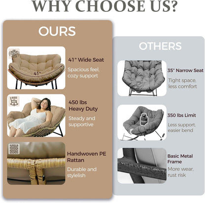 FINCATI Papasan Rocking Chair Indoor Outdooor, Oversized Wicker Recliner with Cushion and Frame, 450 lbs Heavy Duty Large Lounge Egg Chairs, Comfy Patio Rocker for Balcony Porch Garden Living Room