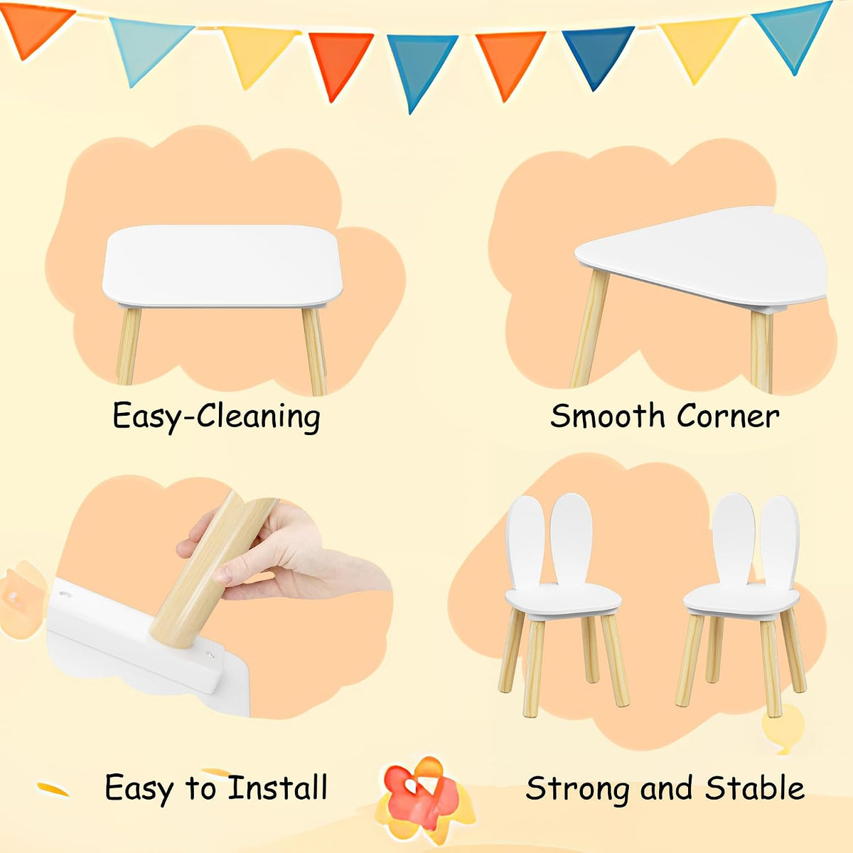 ALEVINE Kids Table and 2 Rabbit Ear Chairs Set, 3-Piece Toddler Wooden Activity Table and Chair Set with Solid Wood Legs, White