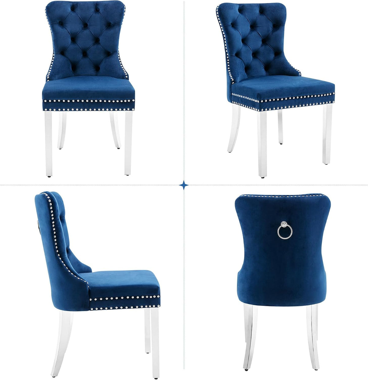Dining Room Chairs Set of 4, Tufted Velvet Chairs with Modern Stainless Steel Legs, Rivet Trim Metal Pull Ring Large Back for Kitchen Dining Room Restaurant, Blue
