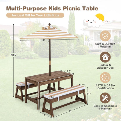 Kids Picnic Table Set with Benches and Umbrella, Foldable Wooden Table and Chair Set for Indoor and Outdoor Use, Playroom Furniture for Toddlers, Children, Baby (Brown)