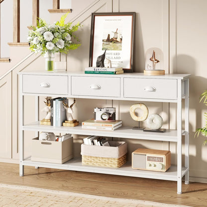 47" console table Set of 2 with 3 Drawers, Sofa Table for Behind Couch | Industrial Hallway Table with Open Wooden Shelves for Hallway, Entry Way, Living Room, Kitchen, Foyer, White