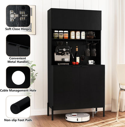 LOKO 64.5” Tall Kitchen Pantry Cabinet, Buffet Sideboard with Charging Station, Modern Wine Bar Cabinet with Wine Glass Rack, Kitchen Hutch Cupboard for Dining Room, Living Room (Black)